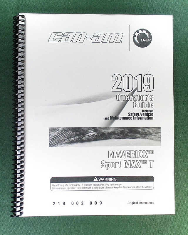 2019 Can-Am Maverick Sport MAX T 1000R Owner’s Manual: 173 Pages & Clear Covers