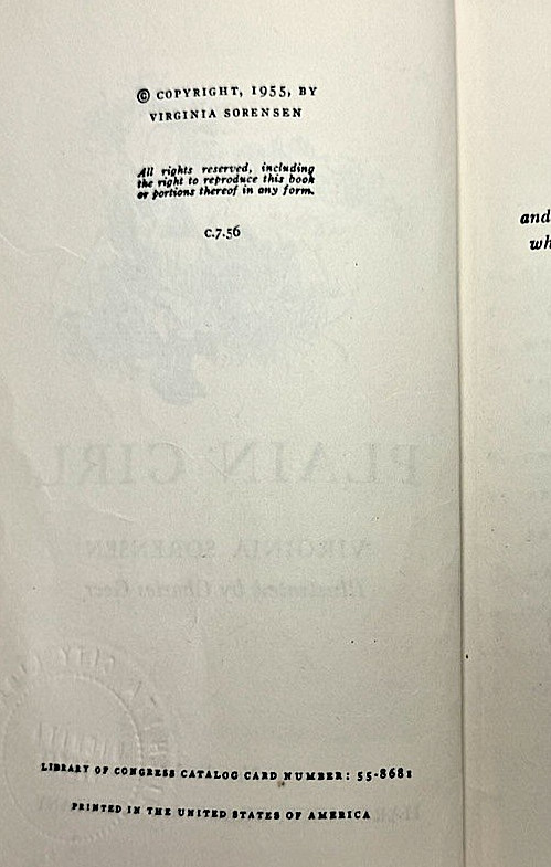 Plain Girl Virginia Sorensen 1955 Hardcover Vintage Former Library gallery