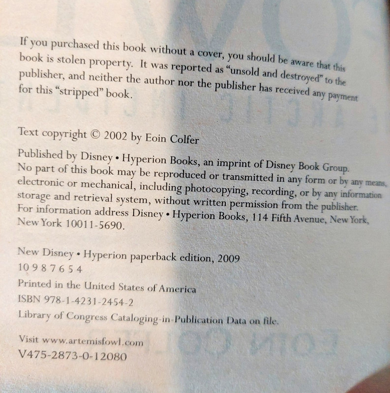 ARTEMIS FOWL: THE ARCTIC INCIDENT; 304 pg Eoin Colfer novel; Disney/Hyperian; $9 gallery