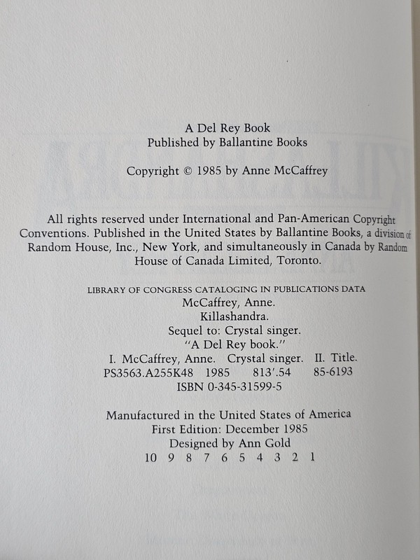 Killashandra by Anne McCaffrey 1st Edition 1st printing 1985- HC/DJ Whelan Cover gallery