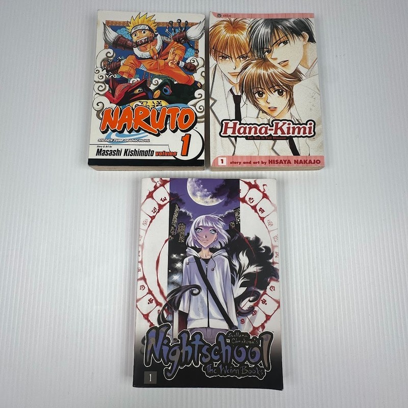 3x Manga Paperback Books Hana-Kimi, Naruto Vol 1, & Nightschool the Weirn Books