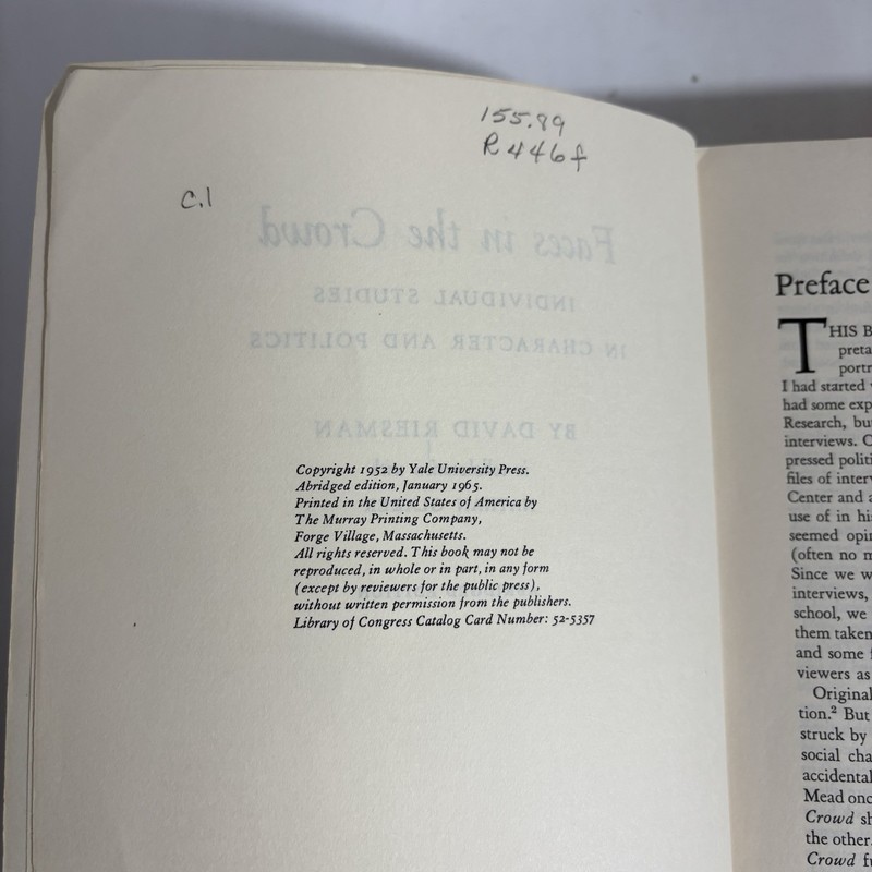 Faces In the Crowd, David Riesman 1965 Abridged Edition TPB Ex-library AA gallery
