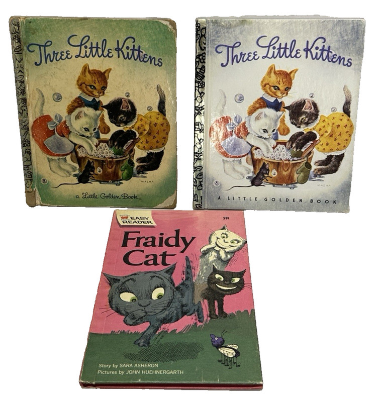 Cat Lovers Children’s Books-Three Little Kittens (1942 & 50 yr), & Fraidy Cat