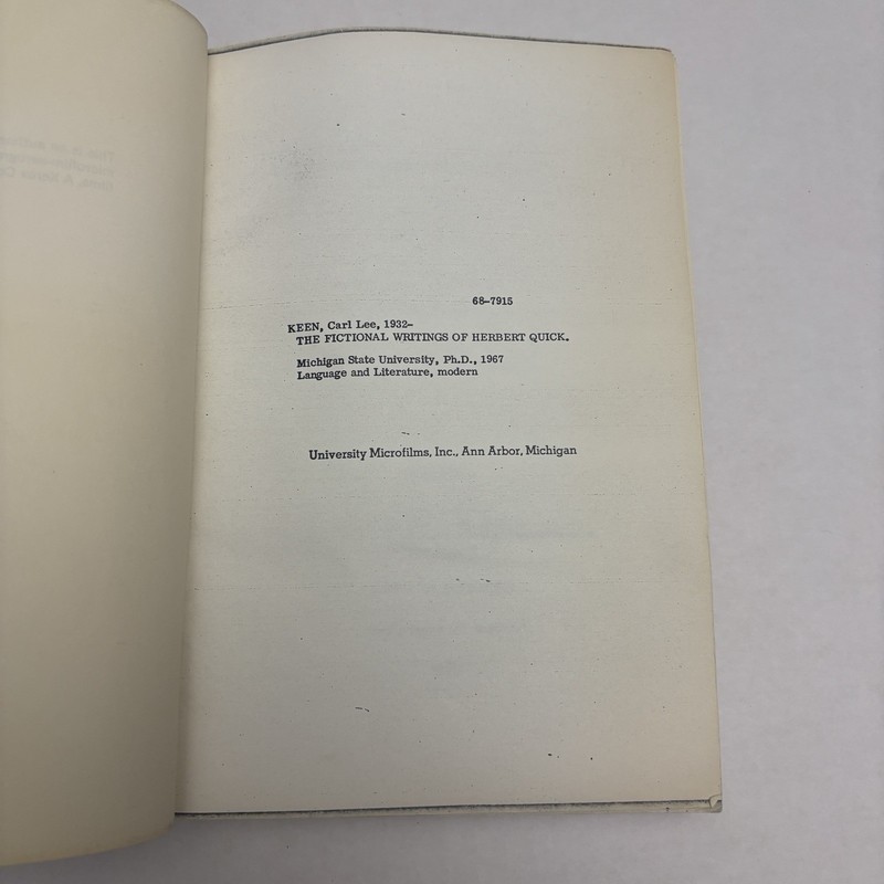 The Fictional Writings of Herbert Quick Carl Lee Keen 1967 Dissertation Thesis gallery