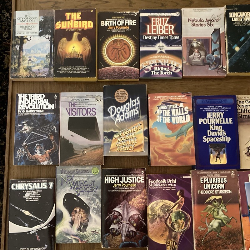 VTG Lot of 32 Sci-fi Books PIERS ANTHONY Sturgeon Pournelle Pohl Silverberg gallery